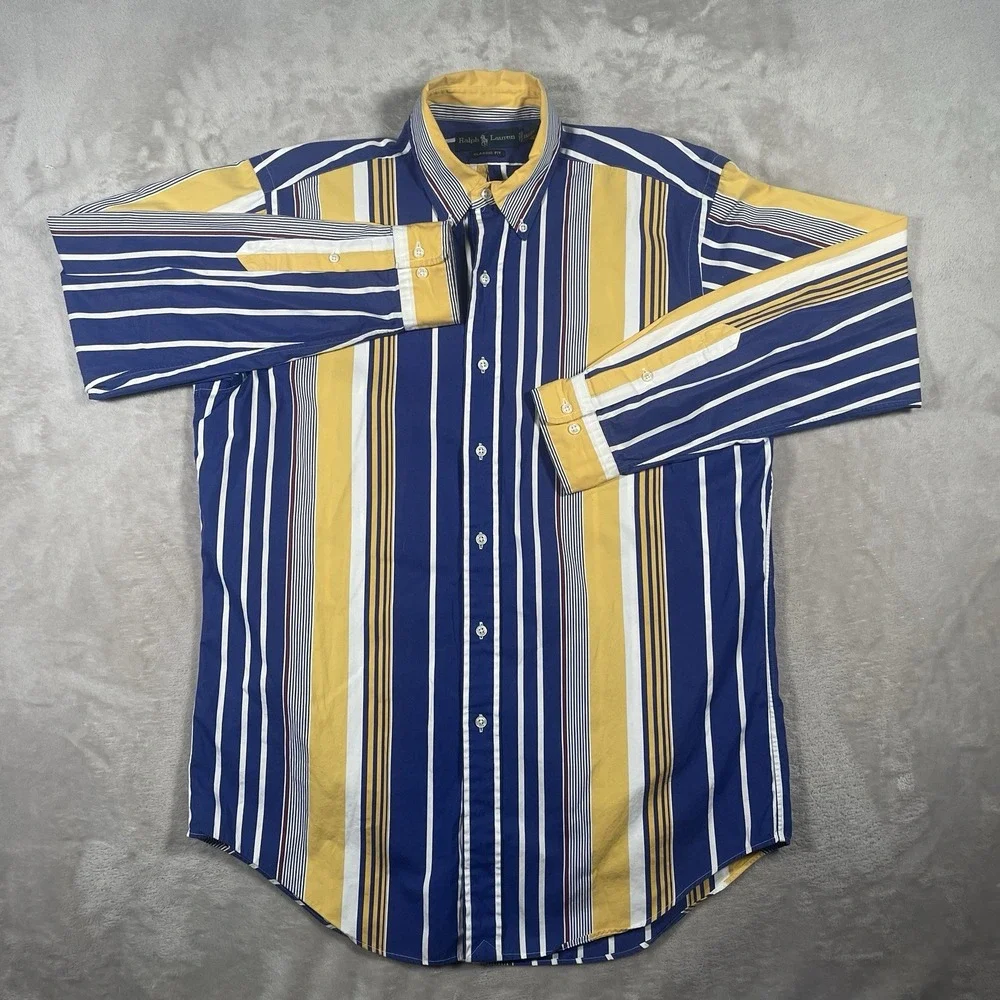 Vintage Ralph Lauren Shirt Mens M Yellow Blue Striped Button Up Retro 90s‎